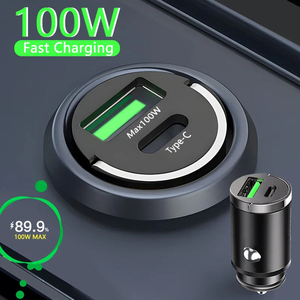 100W Mini Car Charger Lighter Fast Charging for iPhone QC3.0