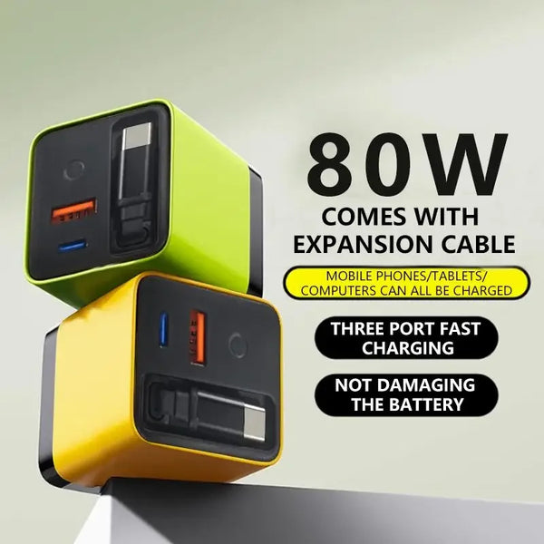 3-in-1 GaN 80W Retractable Fast Charger