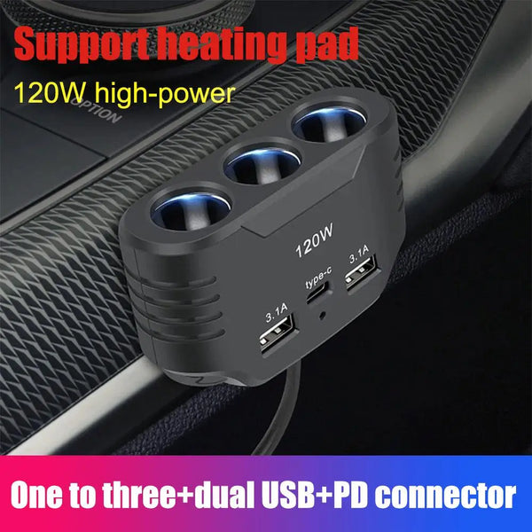 3 Socket Car Cigarette Lighter Splitter Dual USB 120W