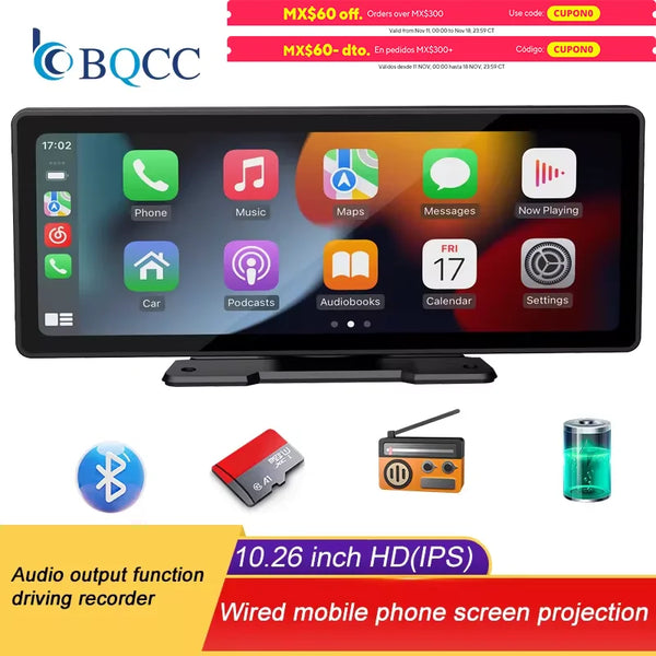 BQCC 10.26 Inch Portable Wireless Carplay Screen HD Rear Reversing Camera