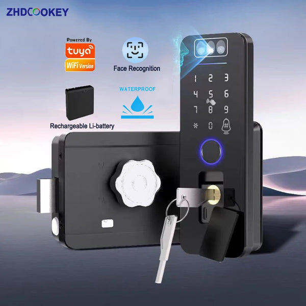Smart WiFi Door Lock Waterproof Tuya Face Recognition Fingerprint RFID Card Password APP Control Rechargeable Li-Battery Include